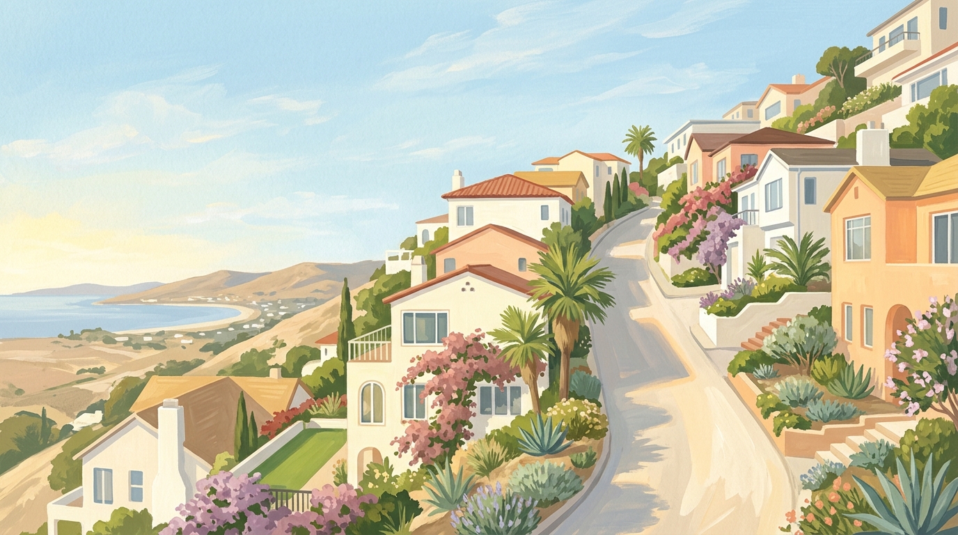 Illustration of houses stepping up a steep hillside