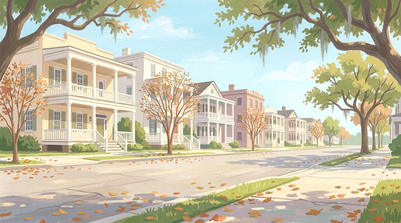 Illustration of townhouses with stacked front porches