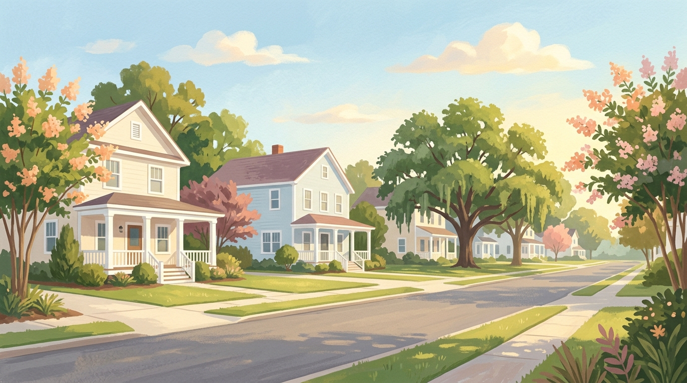 Illustration of two-story houses with white columns