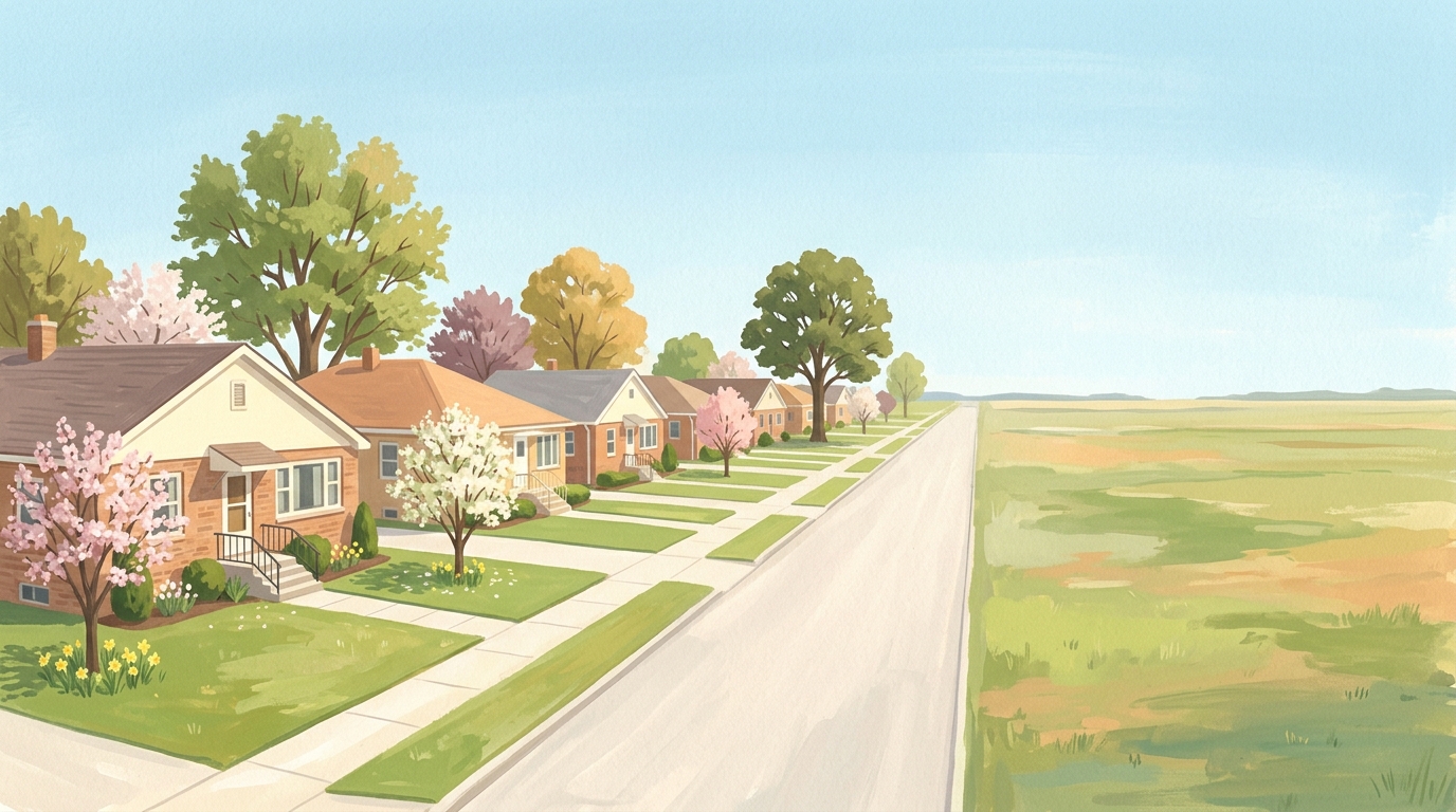 Illustration of brick bungalows with small front lawns in spring