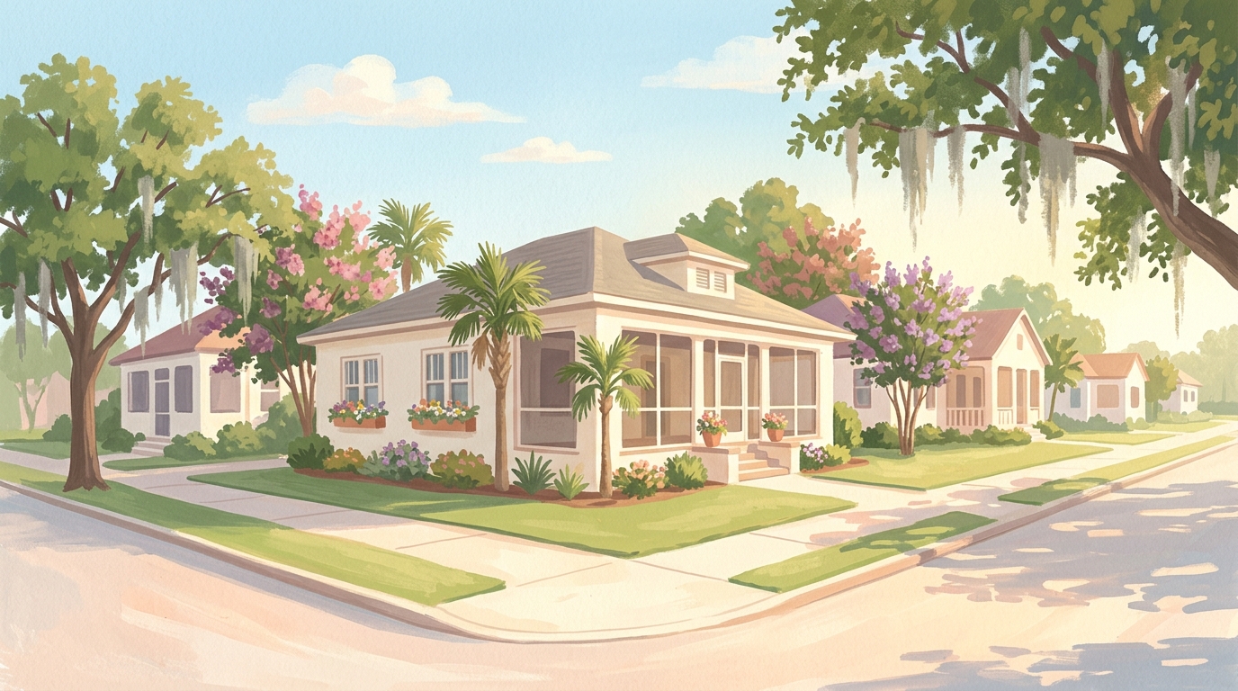 Illustration of single-story stucco houses with screened porches