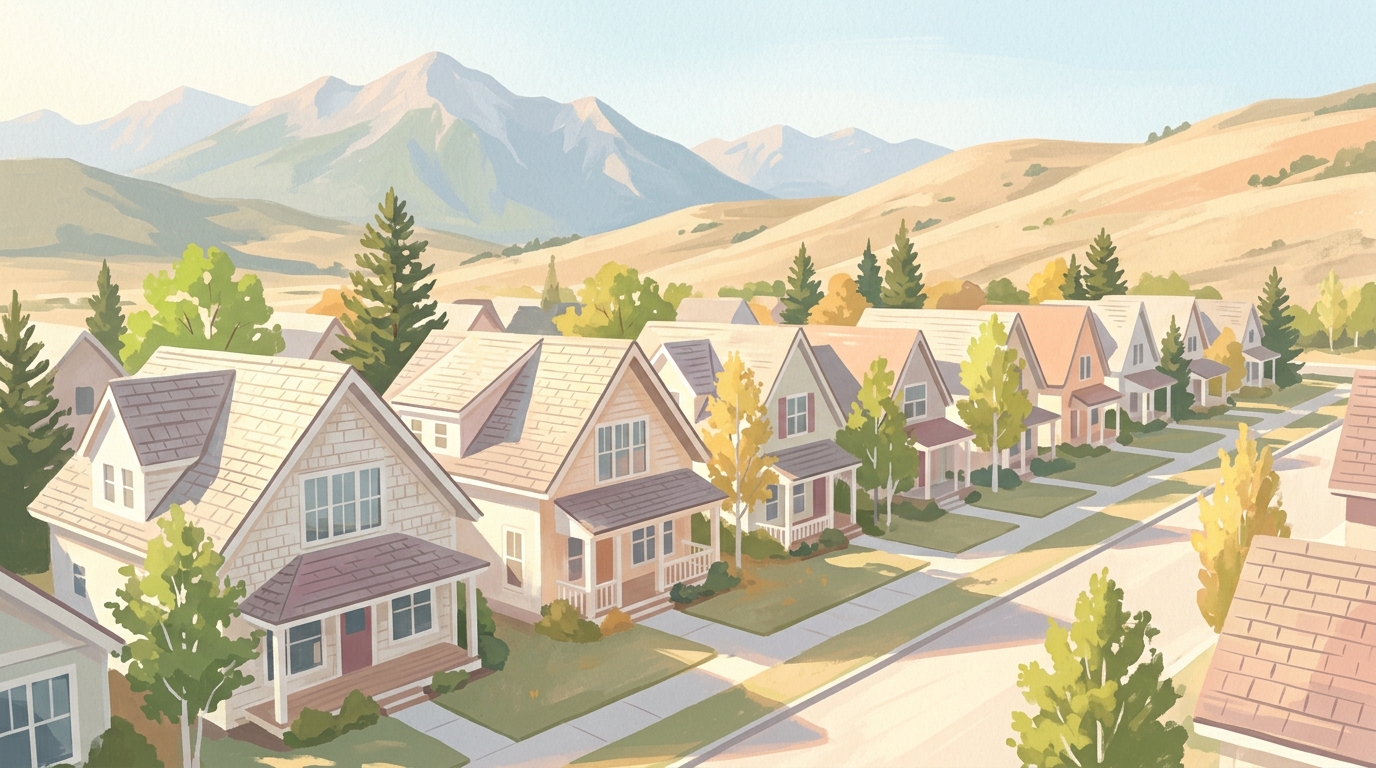 Illustration of shingled houses with steep roofs