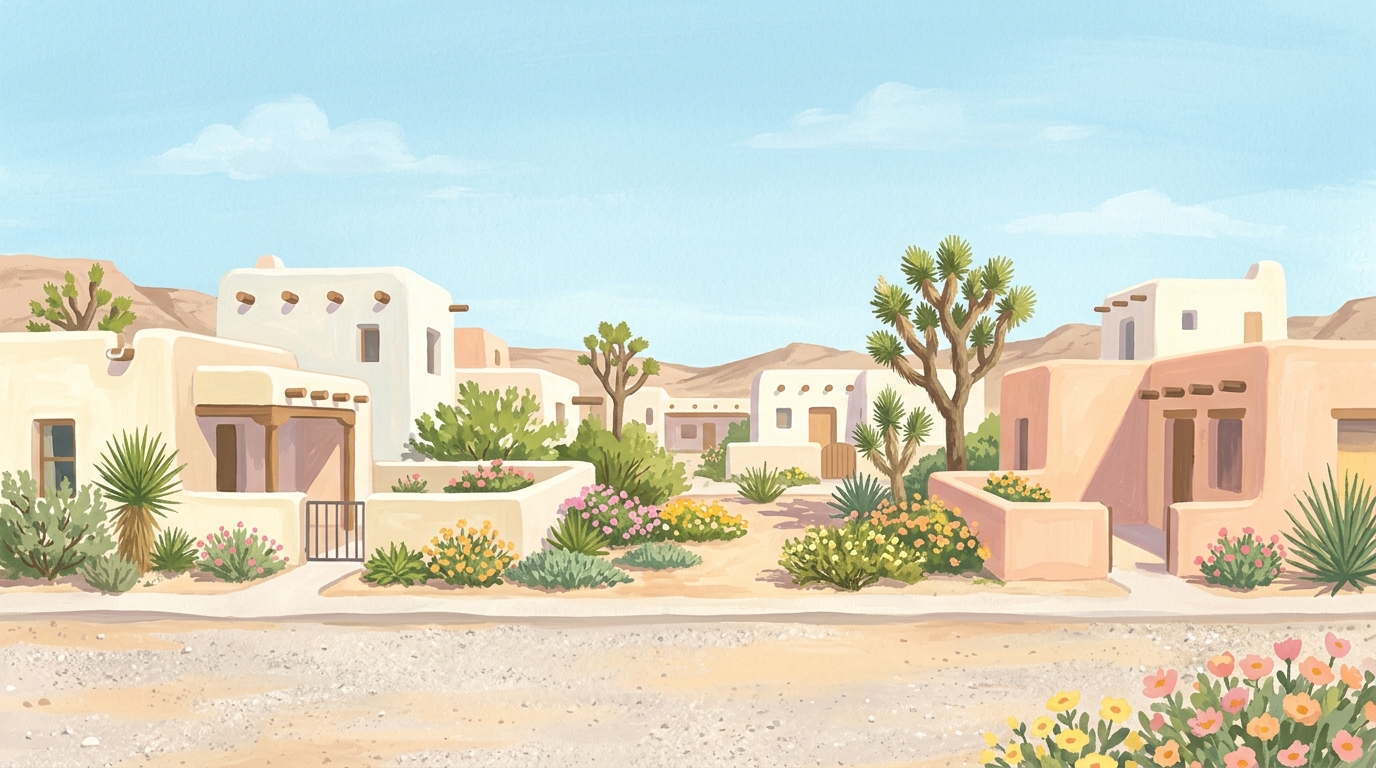 Illustration of flat-roofed adobe-style houses