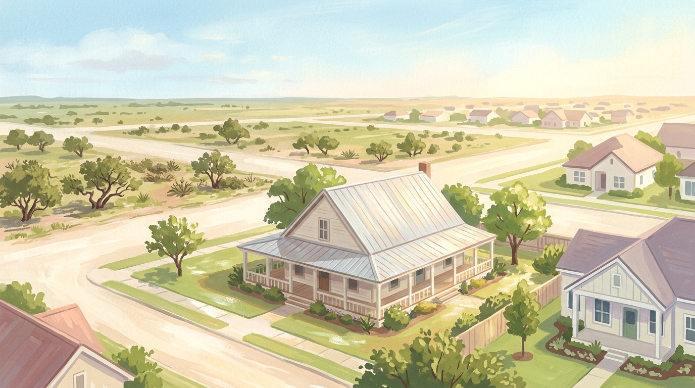 Illustration of a tin-roofed farmhouse with a wraparound porch in a light shower