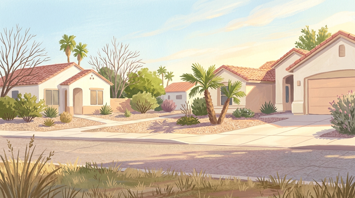 Illustration of beige stucco houses with red tile roofs, gravel yards and desert palms
