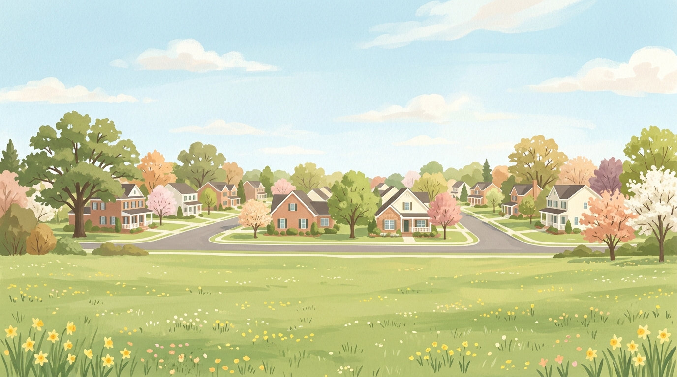 Illustration of a subdivision of brick-front houses in spring