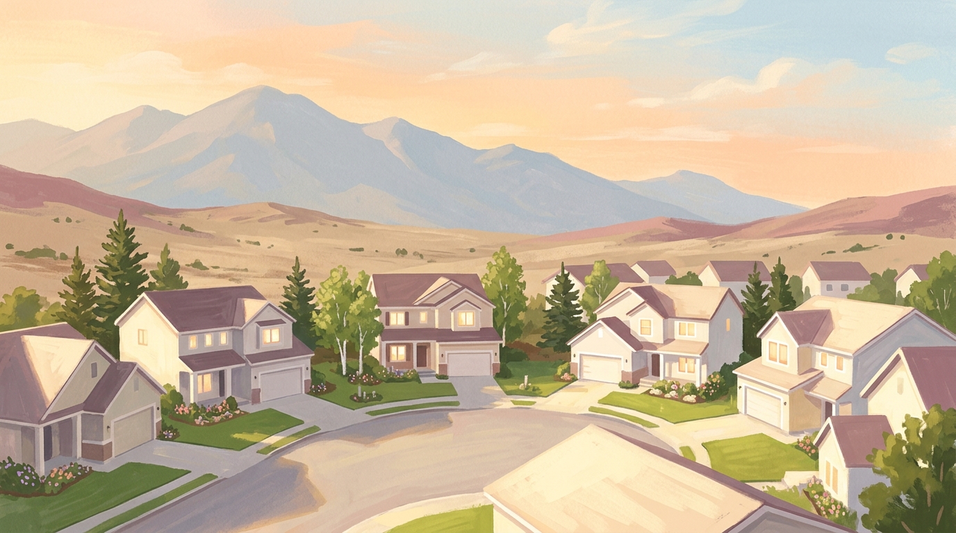 Illustration of a cul-de-sac of newer two-story houses at dusk
