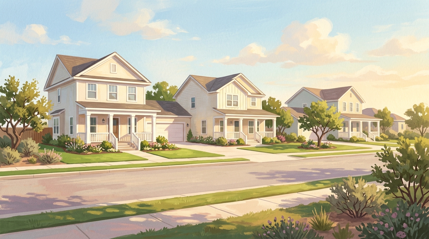 Illustration of two-story houses with white columns