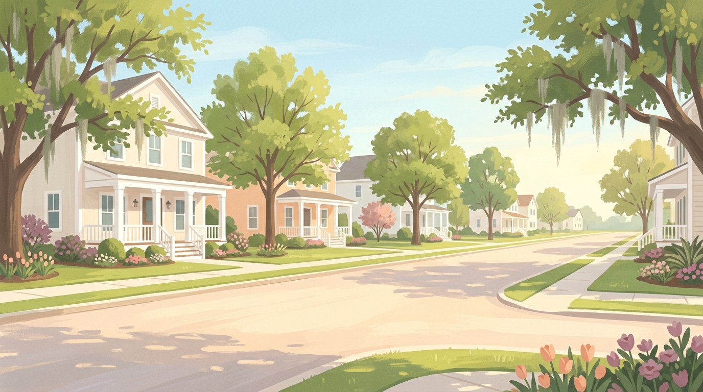 Illustration of two-story houses with white columns in spring