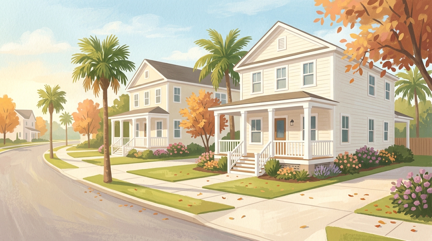 Illustration of two-story houses with white columns