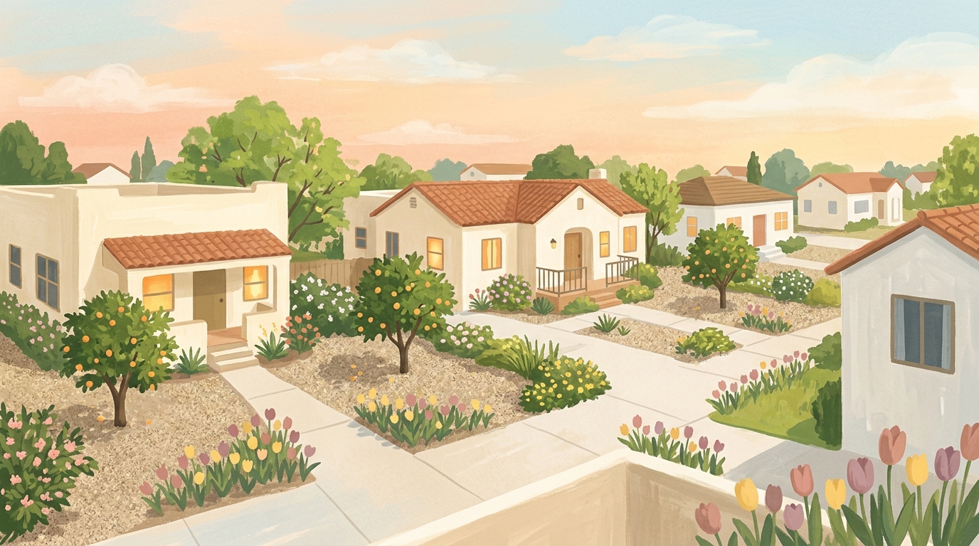 Illustration of single-story stucco houses with tile roofs, gravel yards and citrus trees in spring