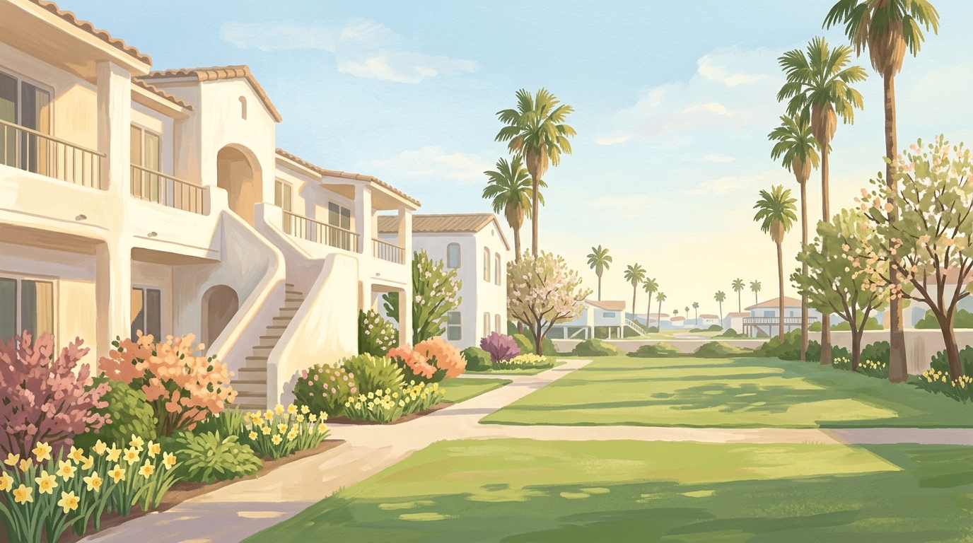 Illustration of two-story stucco garden apartments around a courtyard in spring