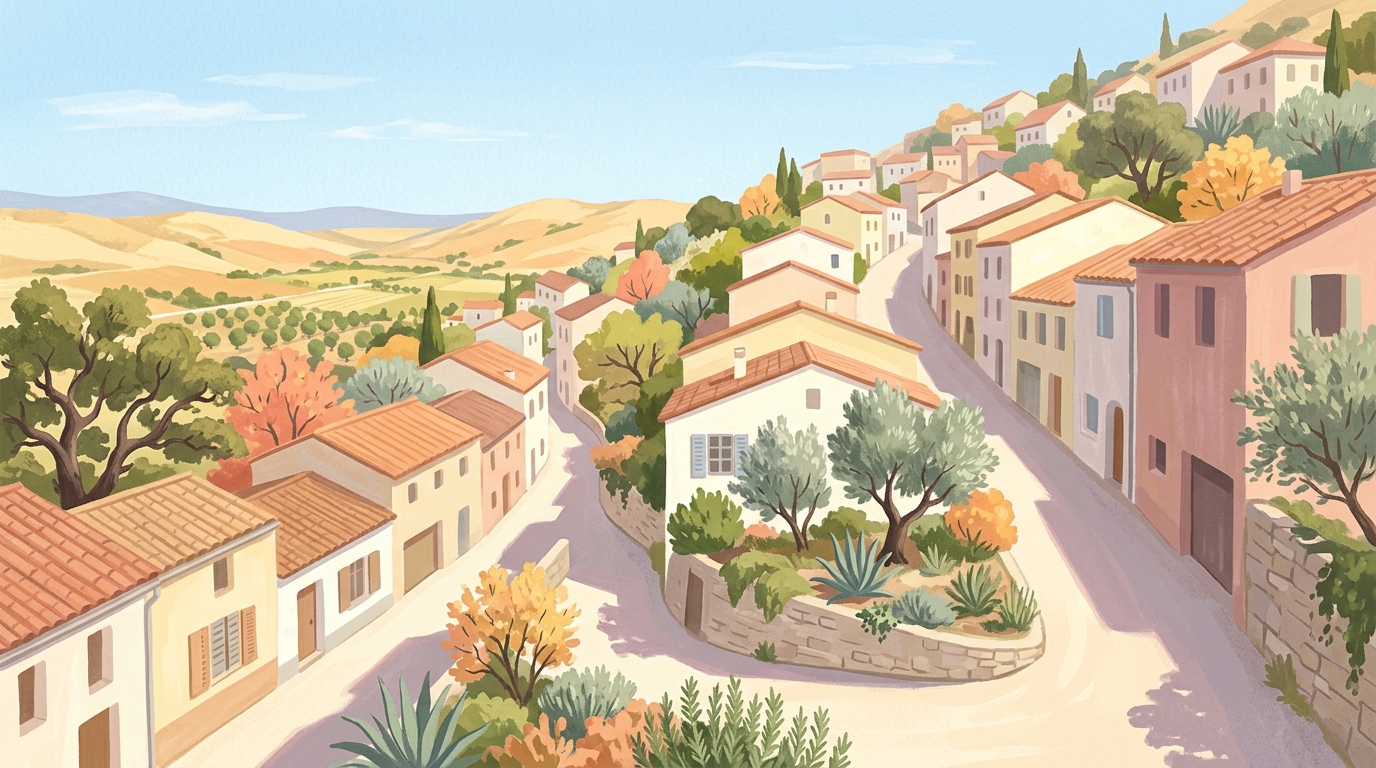 Illustration of houses stepping up a steep hillside
