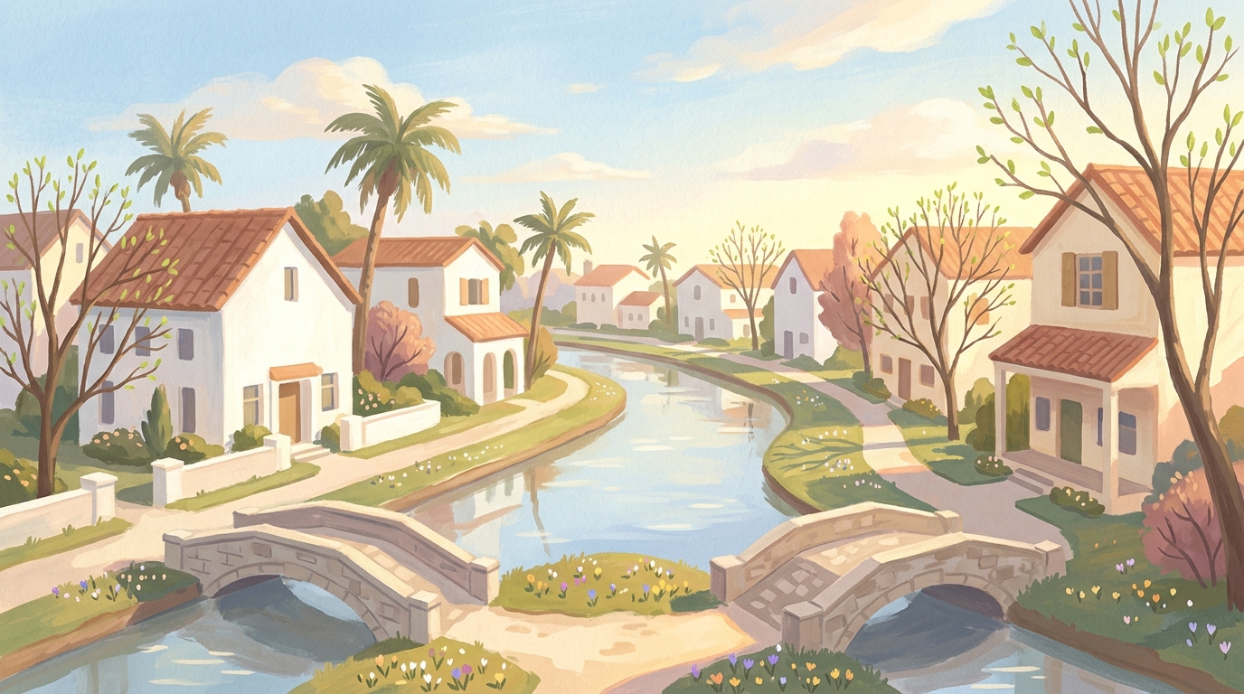 Illustration of white stucco houses with tile roofs, palms and calm canals in spring