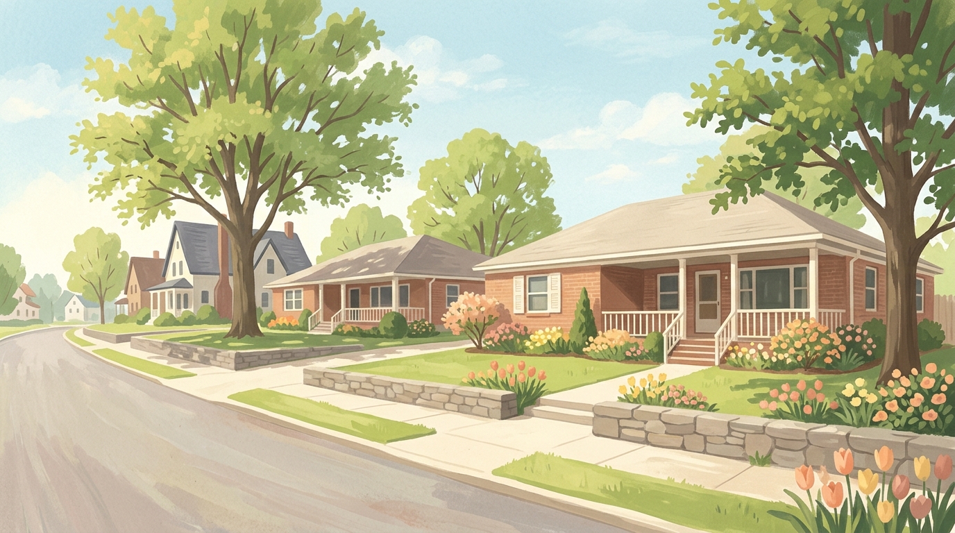 Illustration of brick ranch houses with deep porches under shade trees in spring