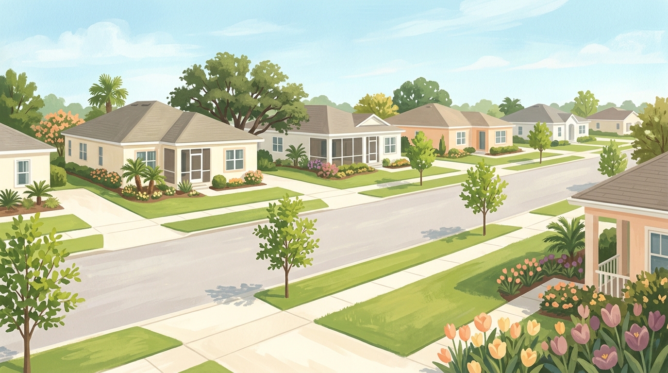Illustration of single-story stucco houses with screened porches in spring