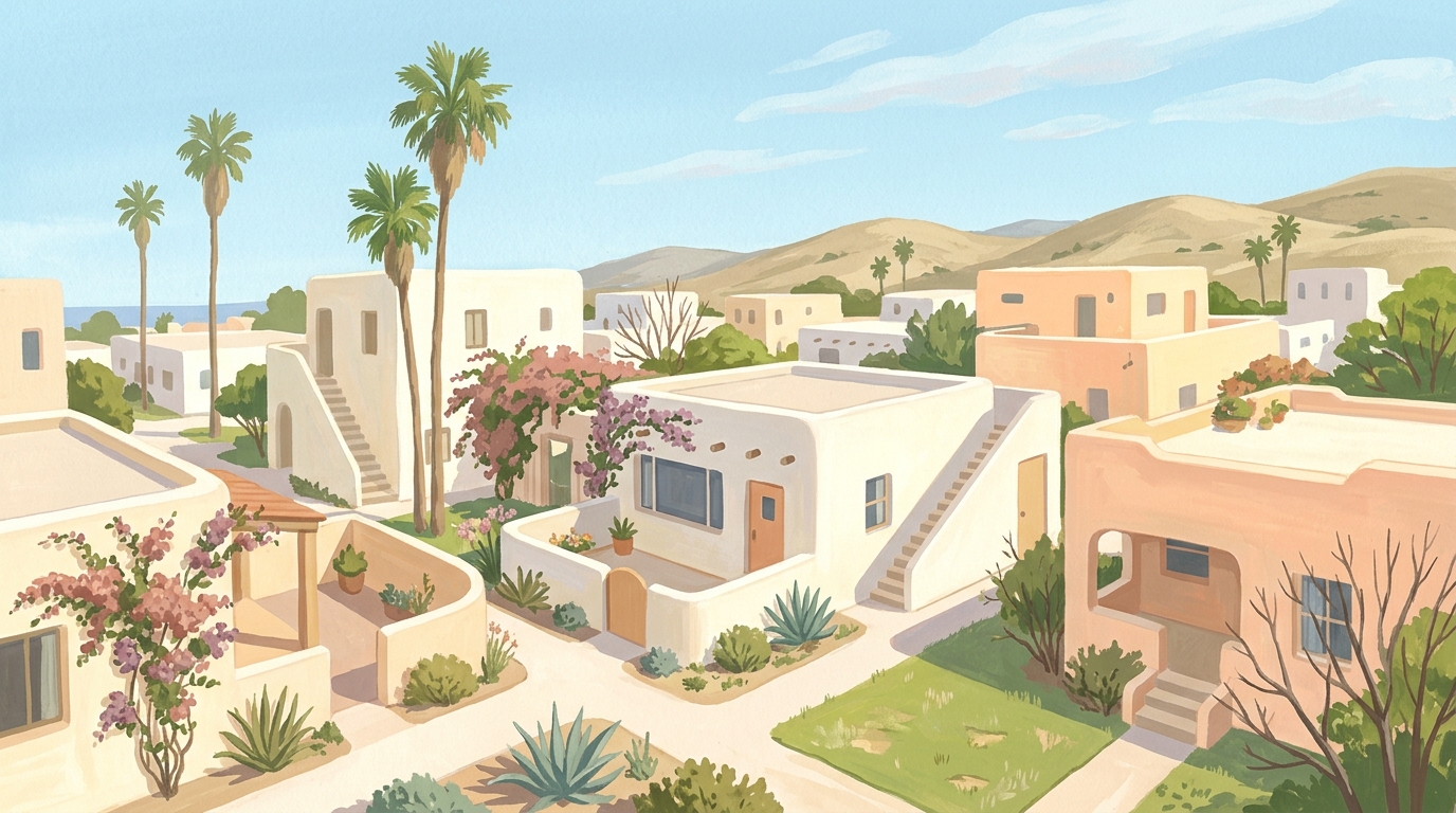 Illustration of flat-roofed adobe-style houses
