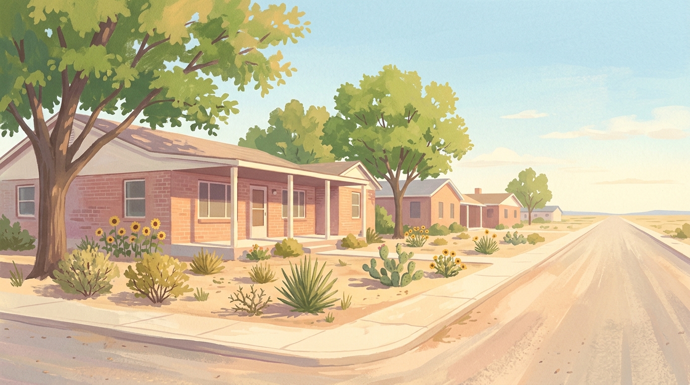 Illustration of brick ranch houses with deep porches under shade trees