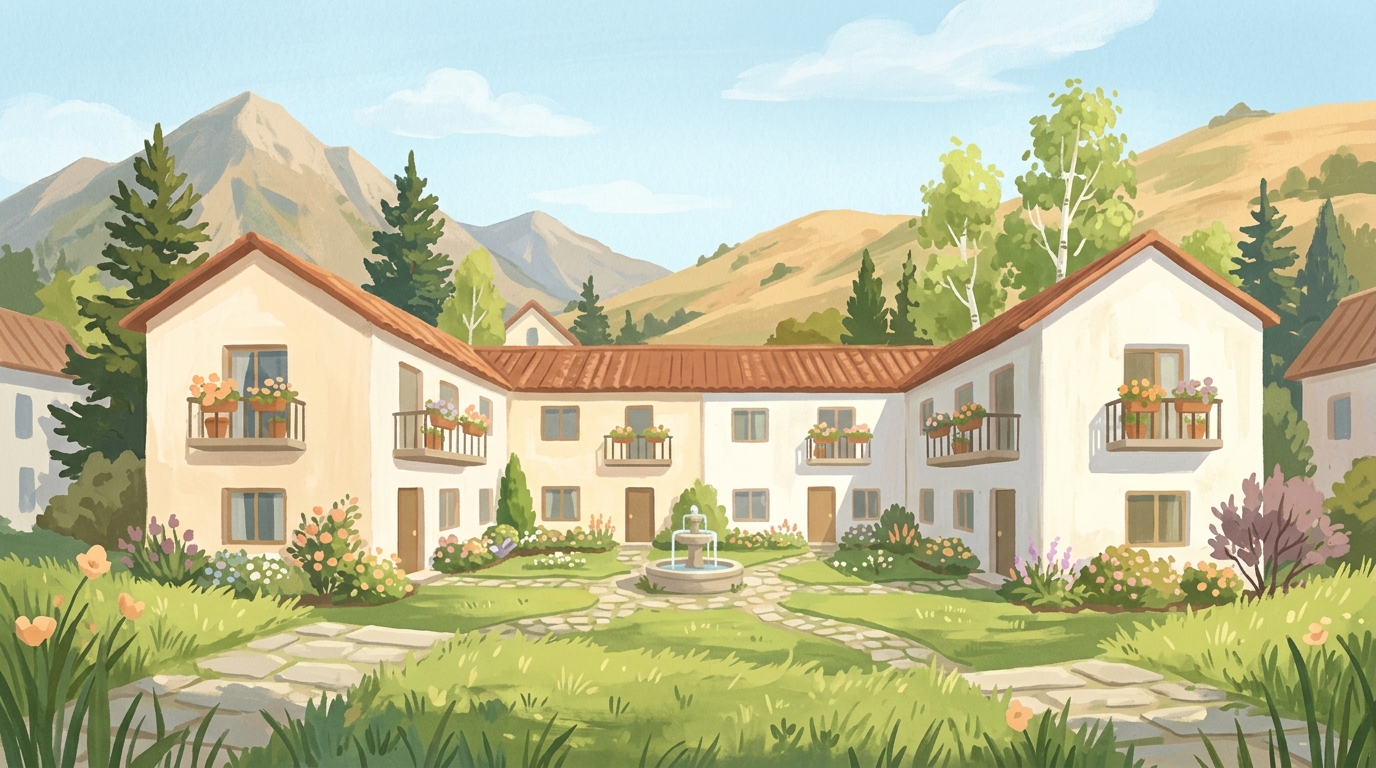 Illustration of a courtyard apartment building around a garden