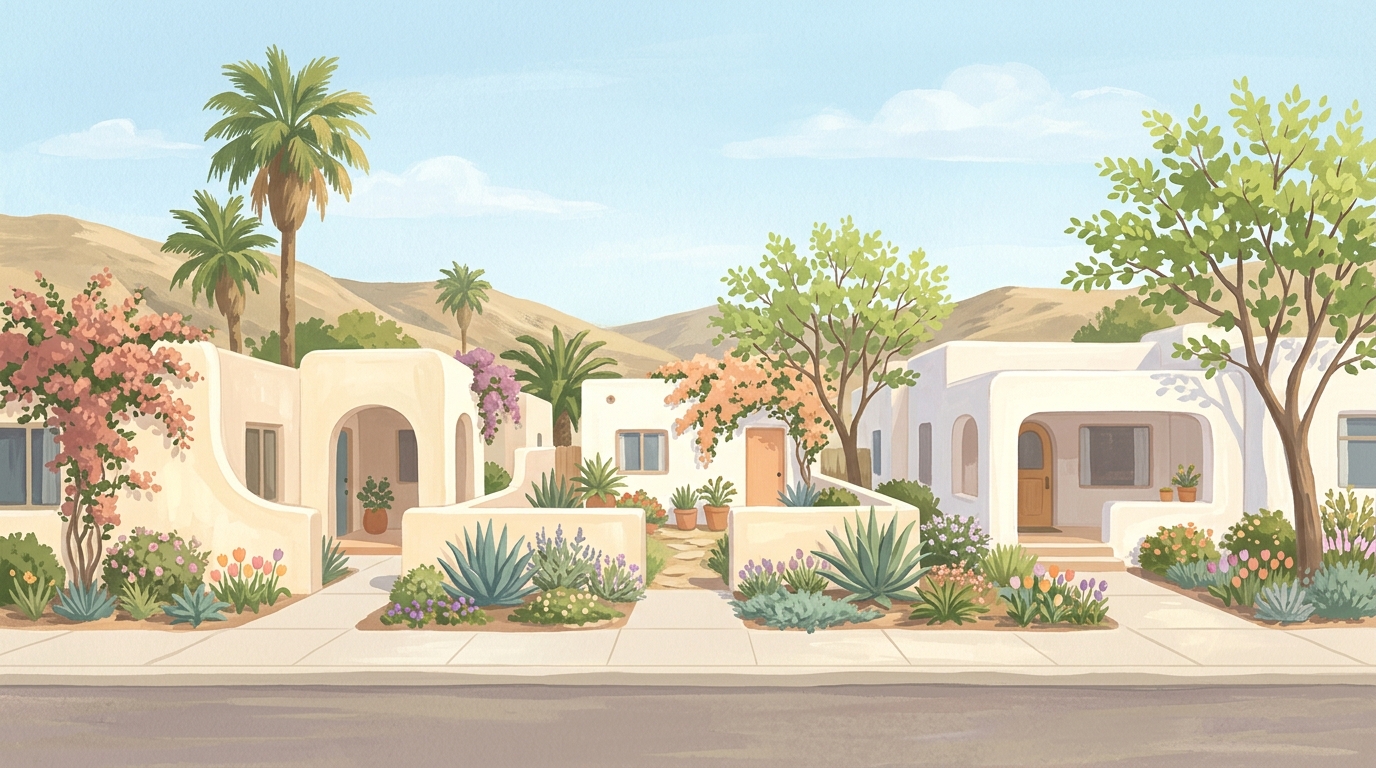Illustration of flat-roofed adobe-style houses in spring