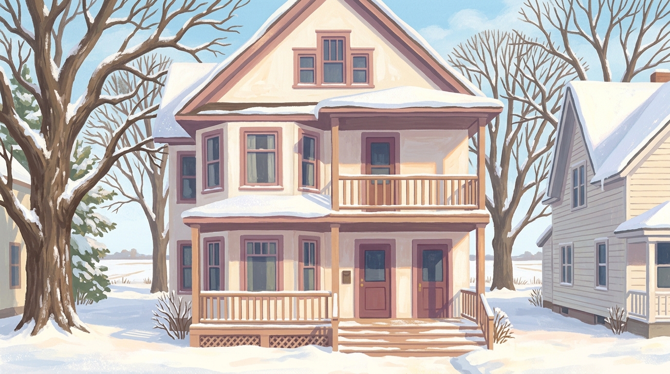 Illustration of a two-family house with stacked porches in snow