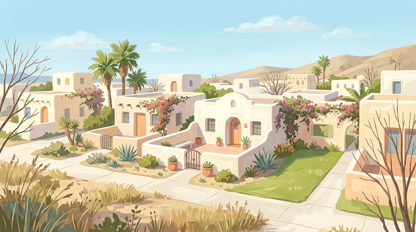Illustration of flat-roofed adobe-style houses