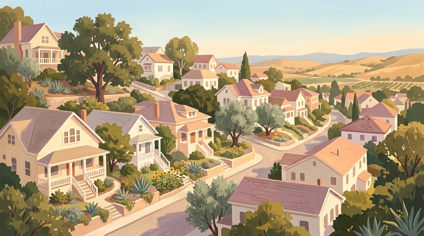 Illustration of houses stepping up a steep hillside