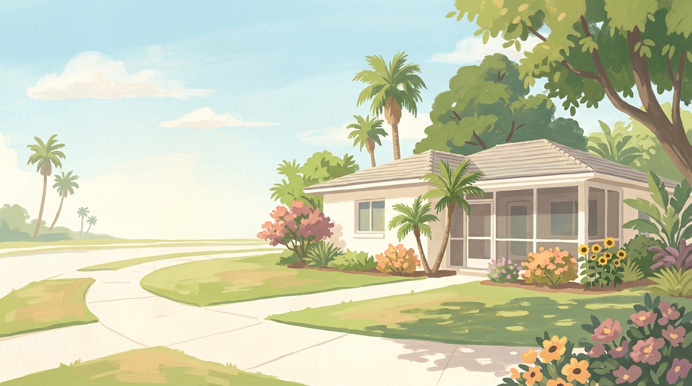 Illustration of single-story stucco houses with screened porches