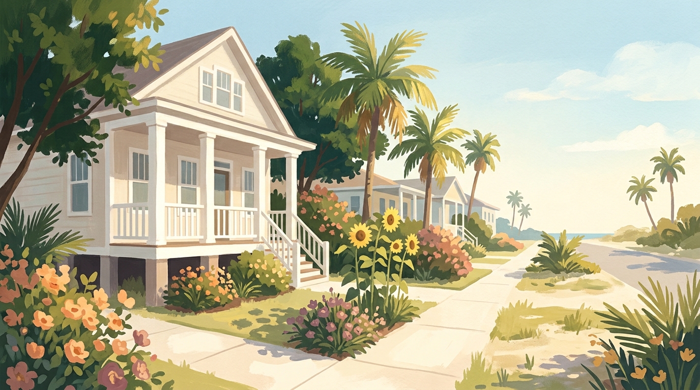 Illustration of two-story houses with white columns