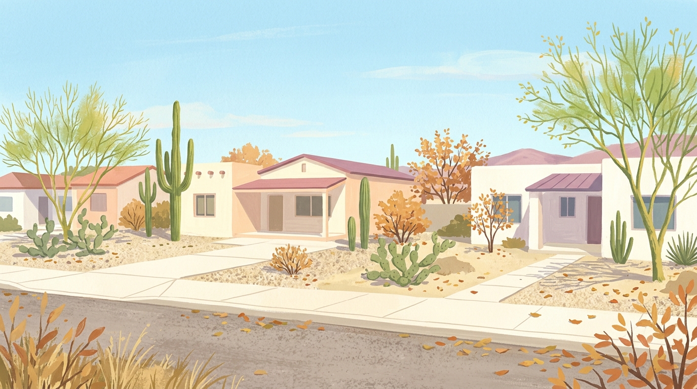 Illustration of low stucco ranch houses with gravel yards, palo verde trees and tall cactus