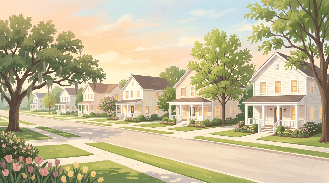 Illustration of two-story houses with white columns in spring