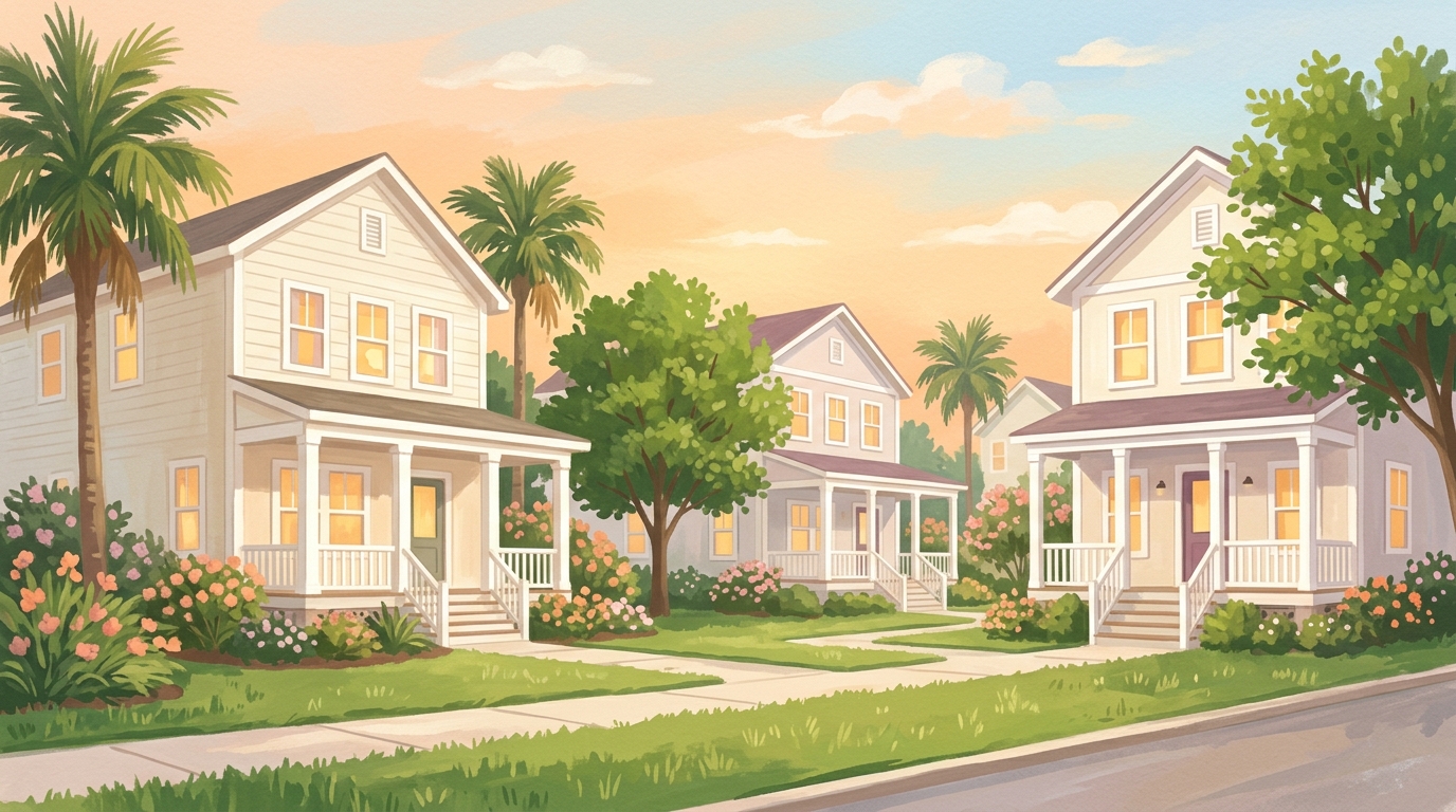 Illustration of two-story houses with white columns at dusk