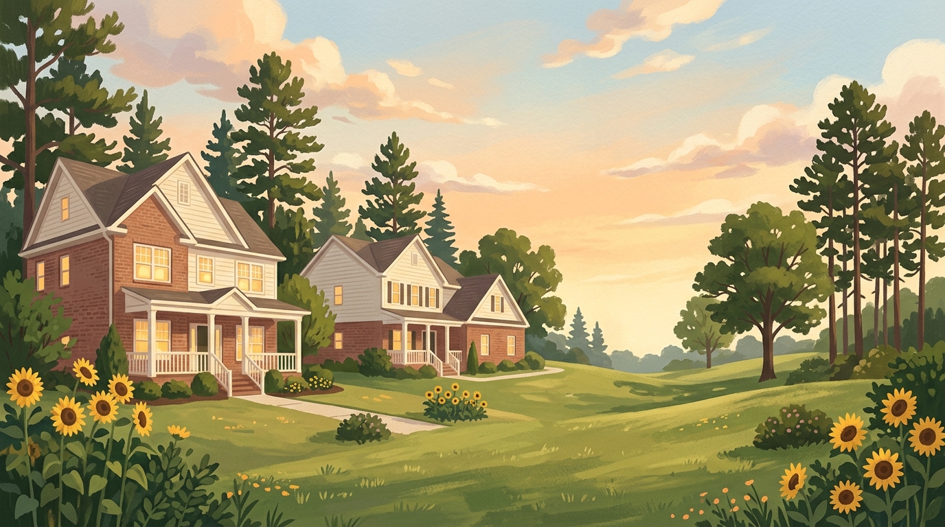 Illustration of two-story brick and siding houses among tall pines on rolling lots at dusk