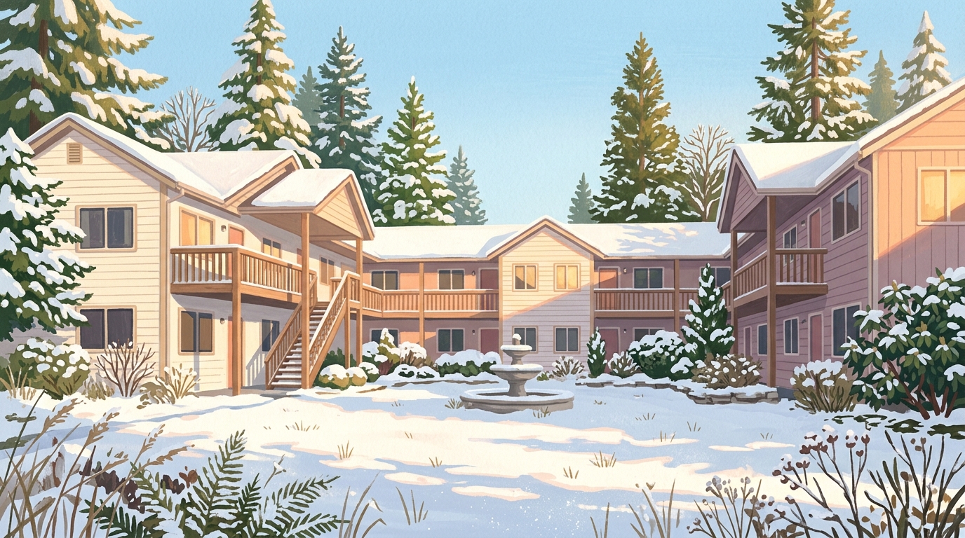 Illustration of a courtyard apartment building around a garden in snow