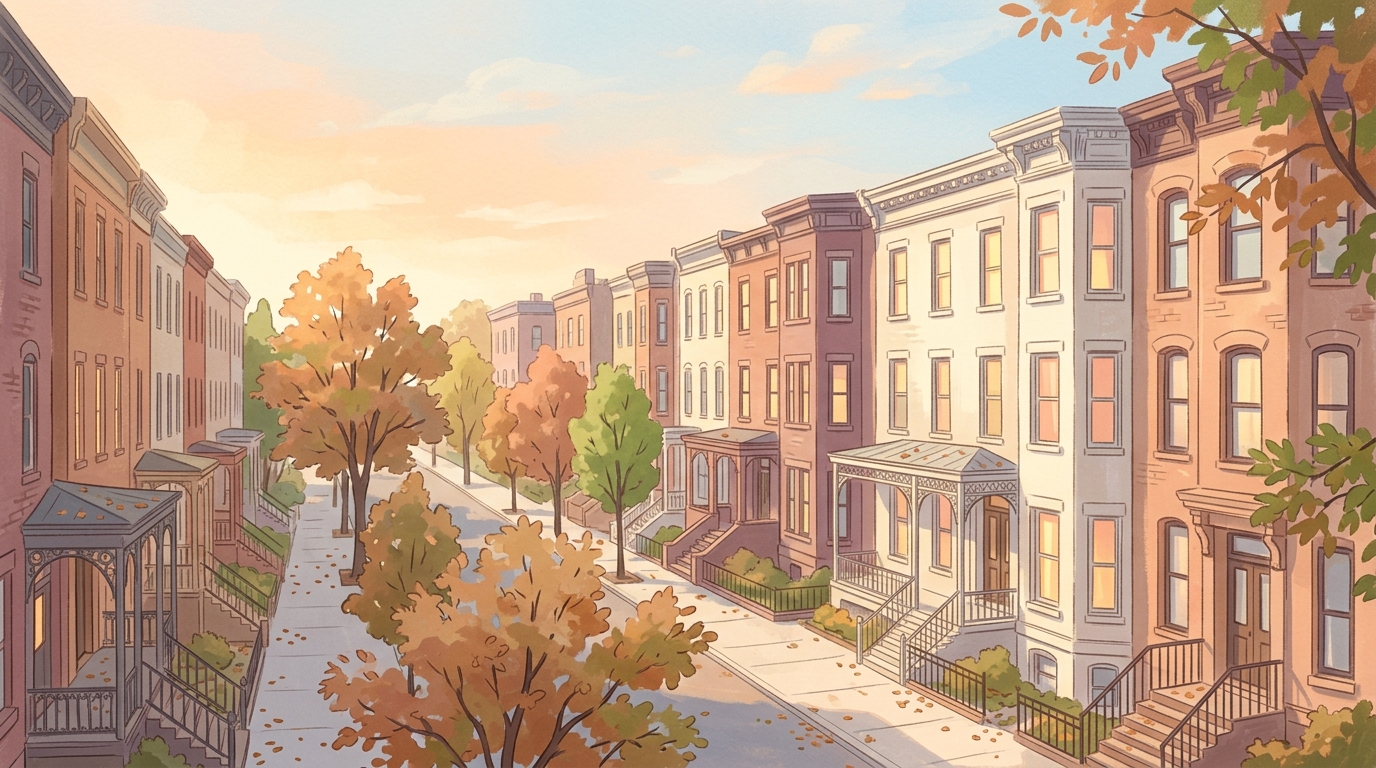 Illustration of brick rowhouses with iron porches and tall windows on a tree-lined street at dusk