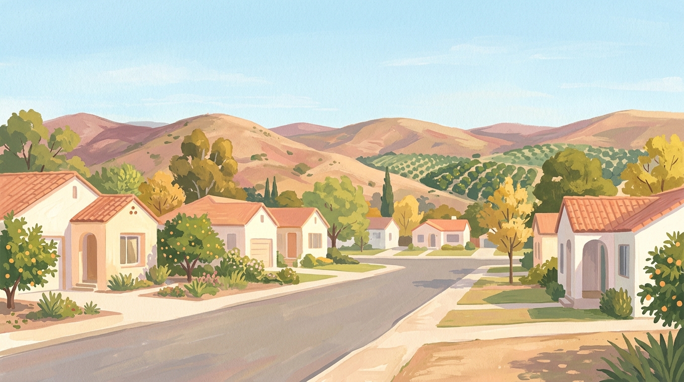Illustration of single-story stucco houses with tile roofs, citrus groves and dry hills beyond