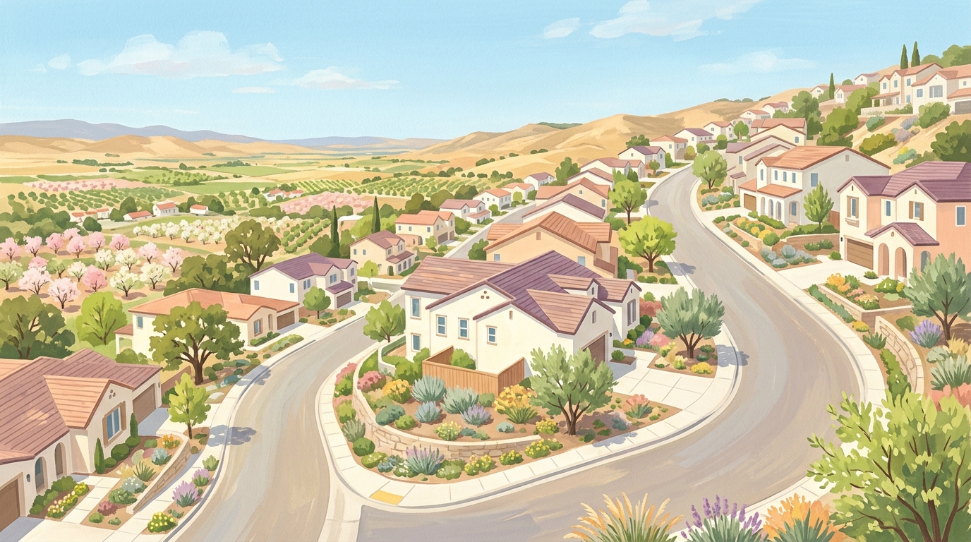 Illustration of houses stepping up a steep hillside in spring