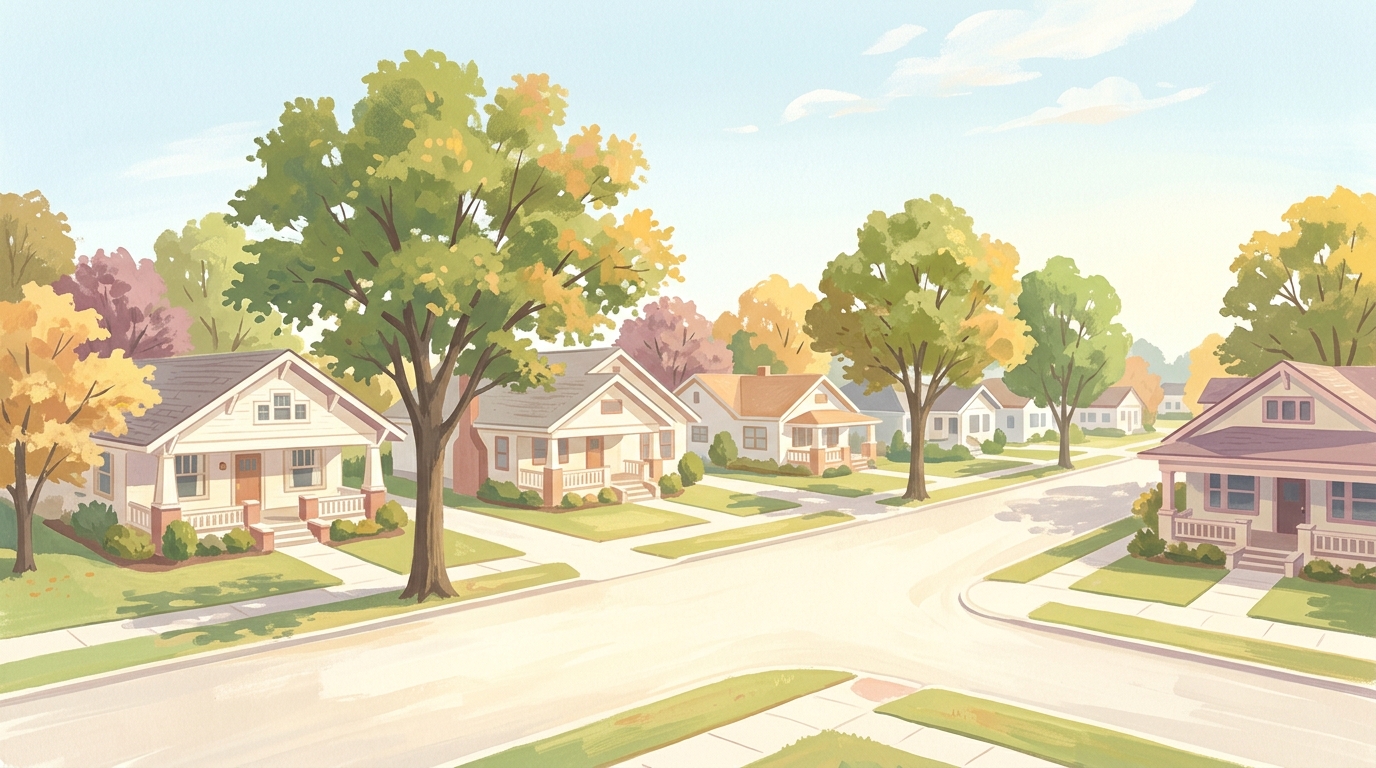 Illustration of craftsman bungalows and ranch houses with big shade trees along the street