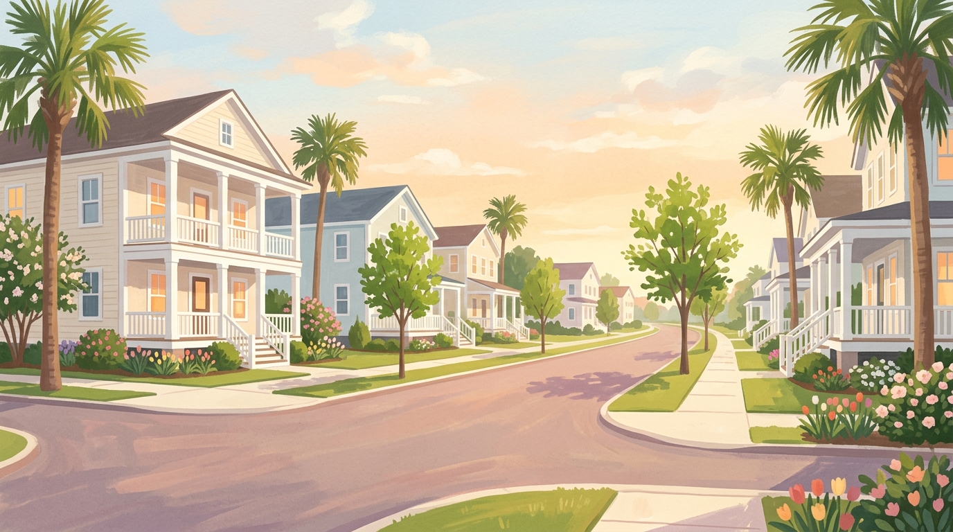 Illustration of two-story houses with white columns in spring