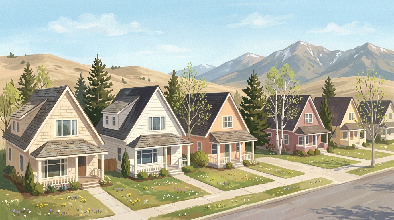 Illustration of shingled houses with steep roofs in spring