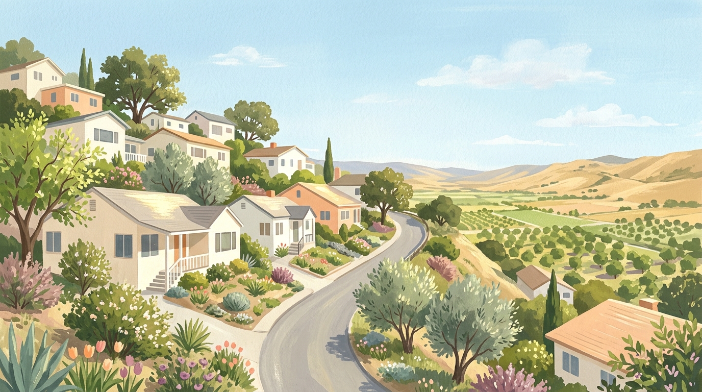 Illustration of houses stepping up a steep hillside in spring