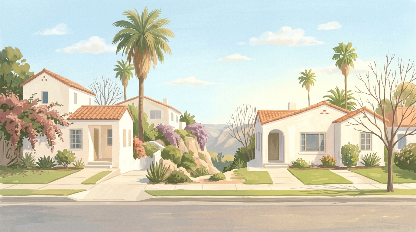 Illustration of white stucco cottages with tile roofs on canyon edges, palms and bougainvillea