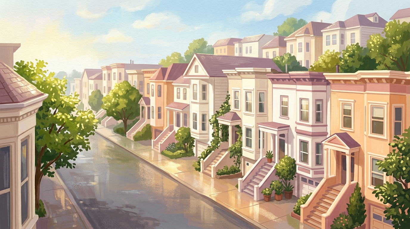 Illustration of bay-windowed row houses stepping up a steep street in a light shower