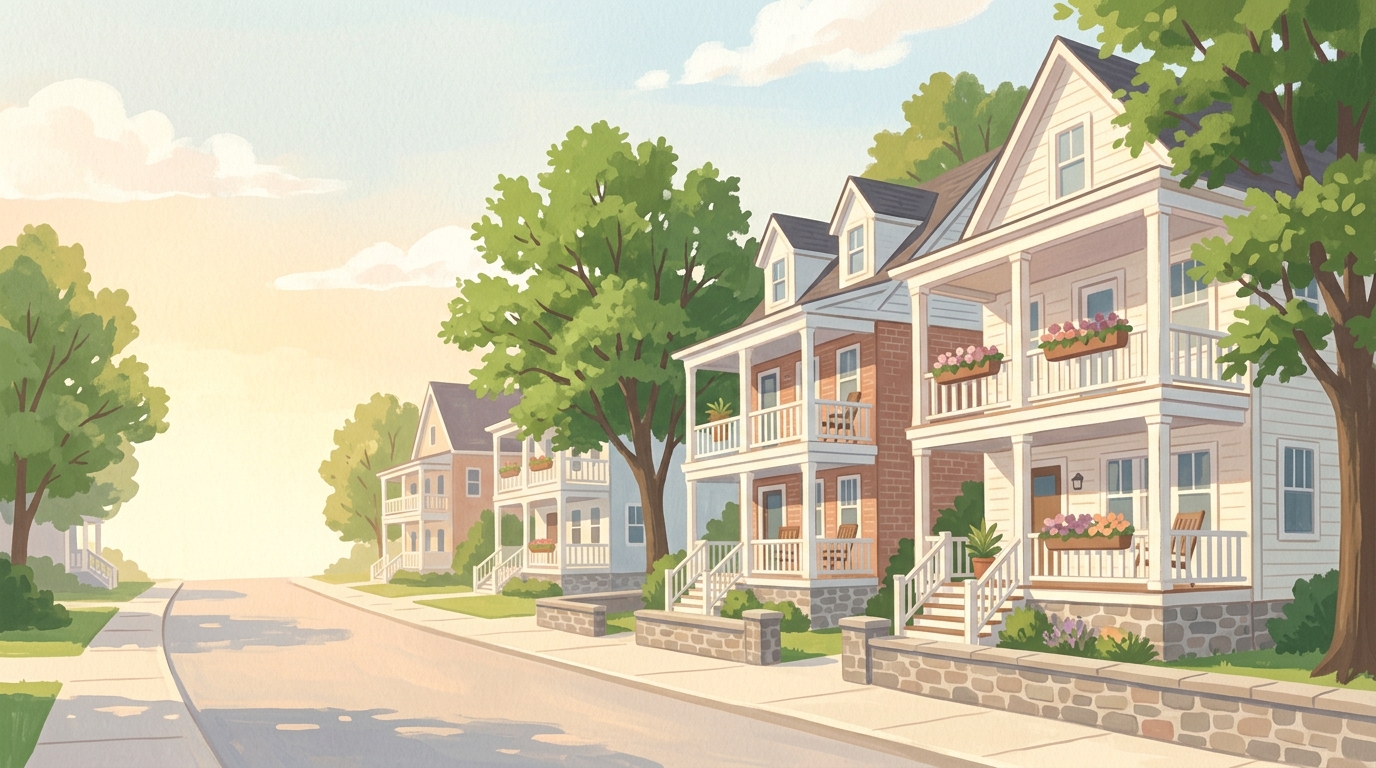 Illustration of townhouses with stacked front porches