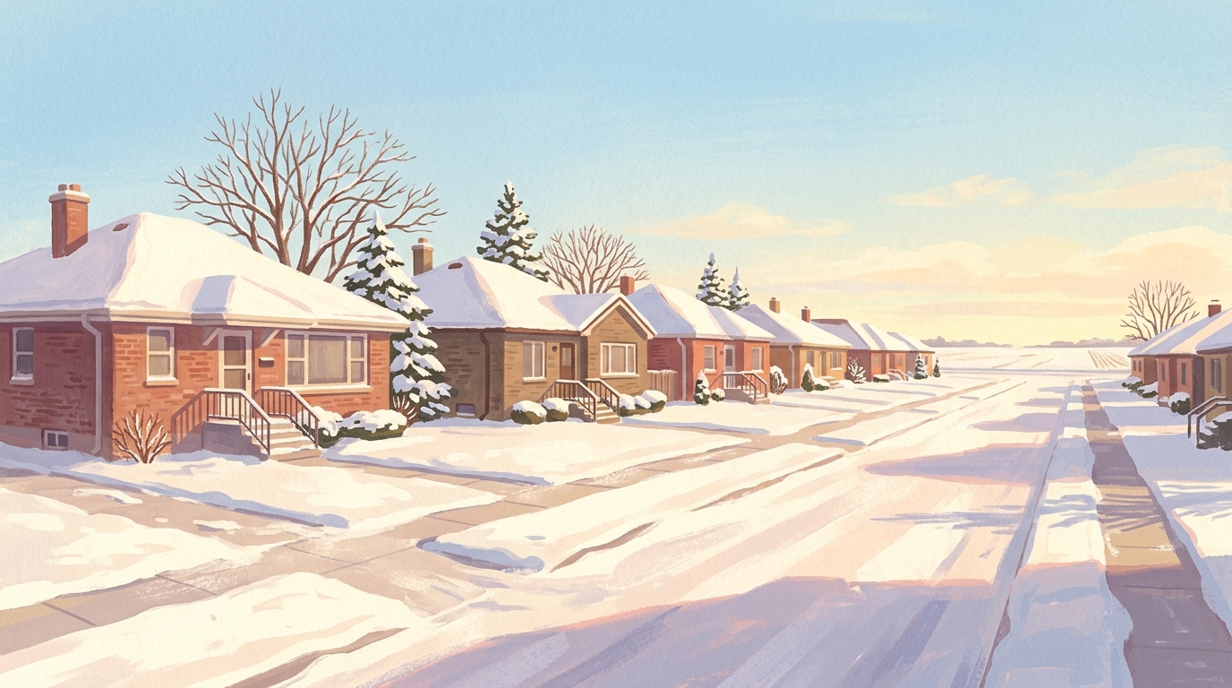 Illustration of brick bungalows with small front lawns in snow