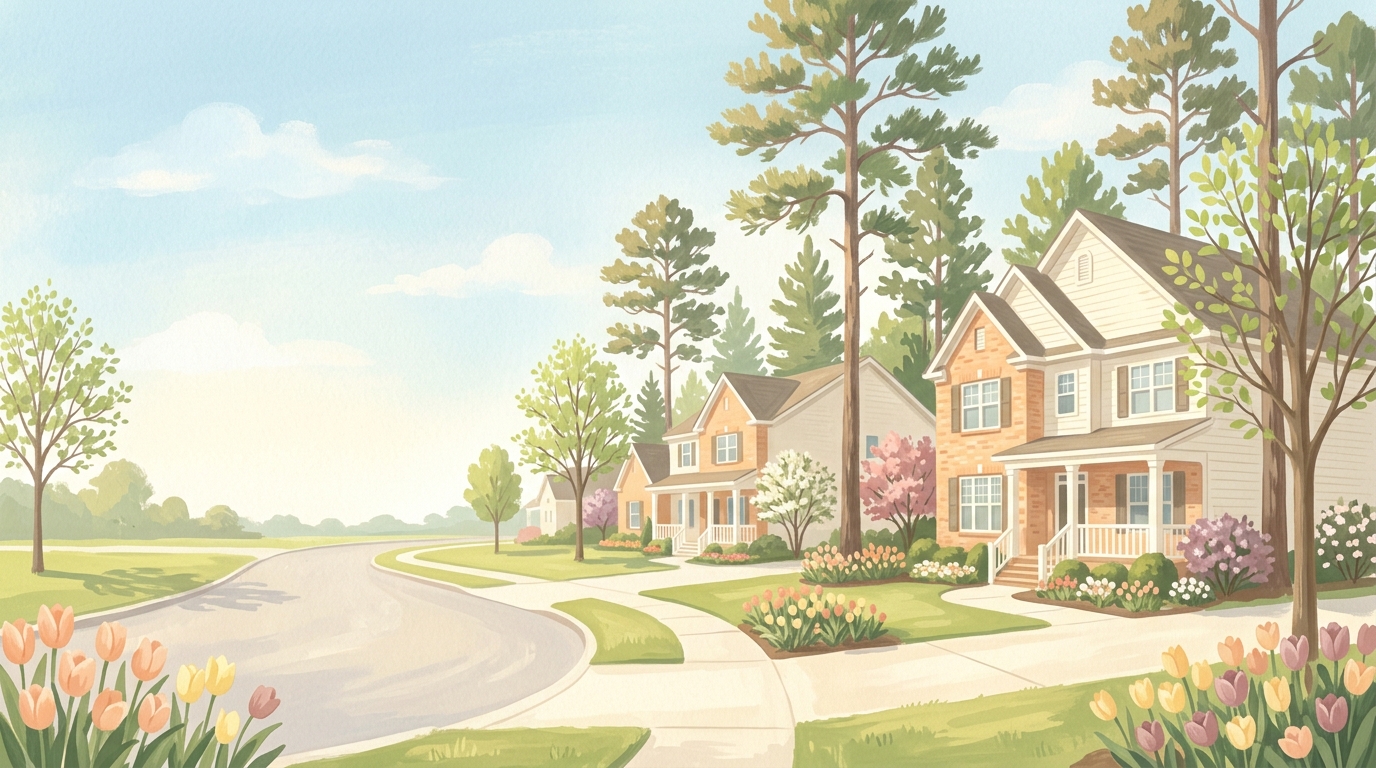 Illustration of newer brick-front two-story houses among tall pines on curving streets in spring