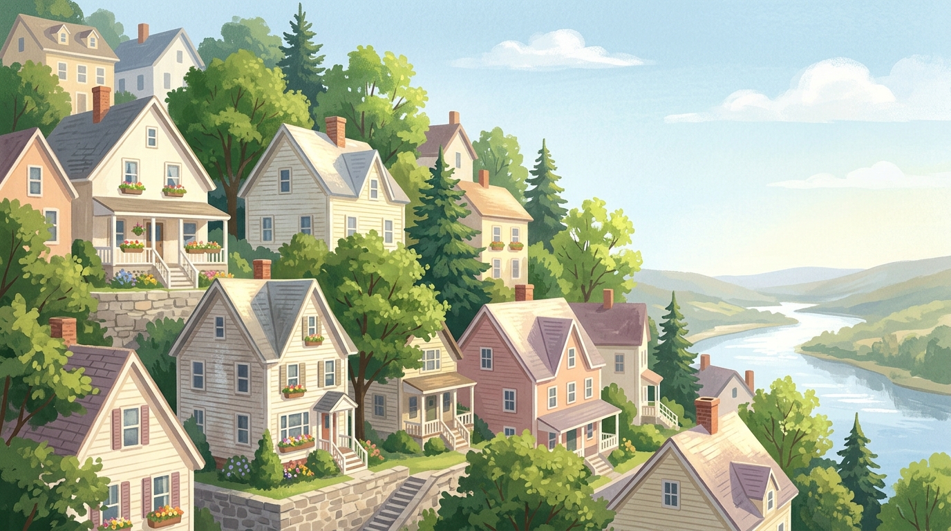 Illustration of mill-town houses on a hillside above a river