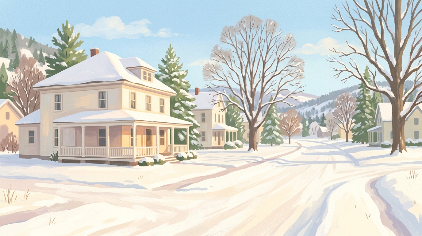 Illustration of square two-story houses with full-width porches in snow