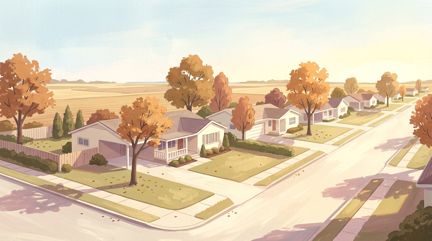 Illustration of single-story ranch houses with shade trees and flat farmland beyond