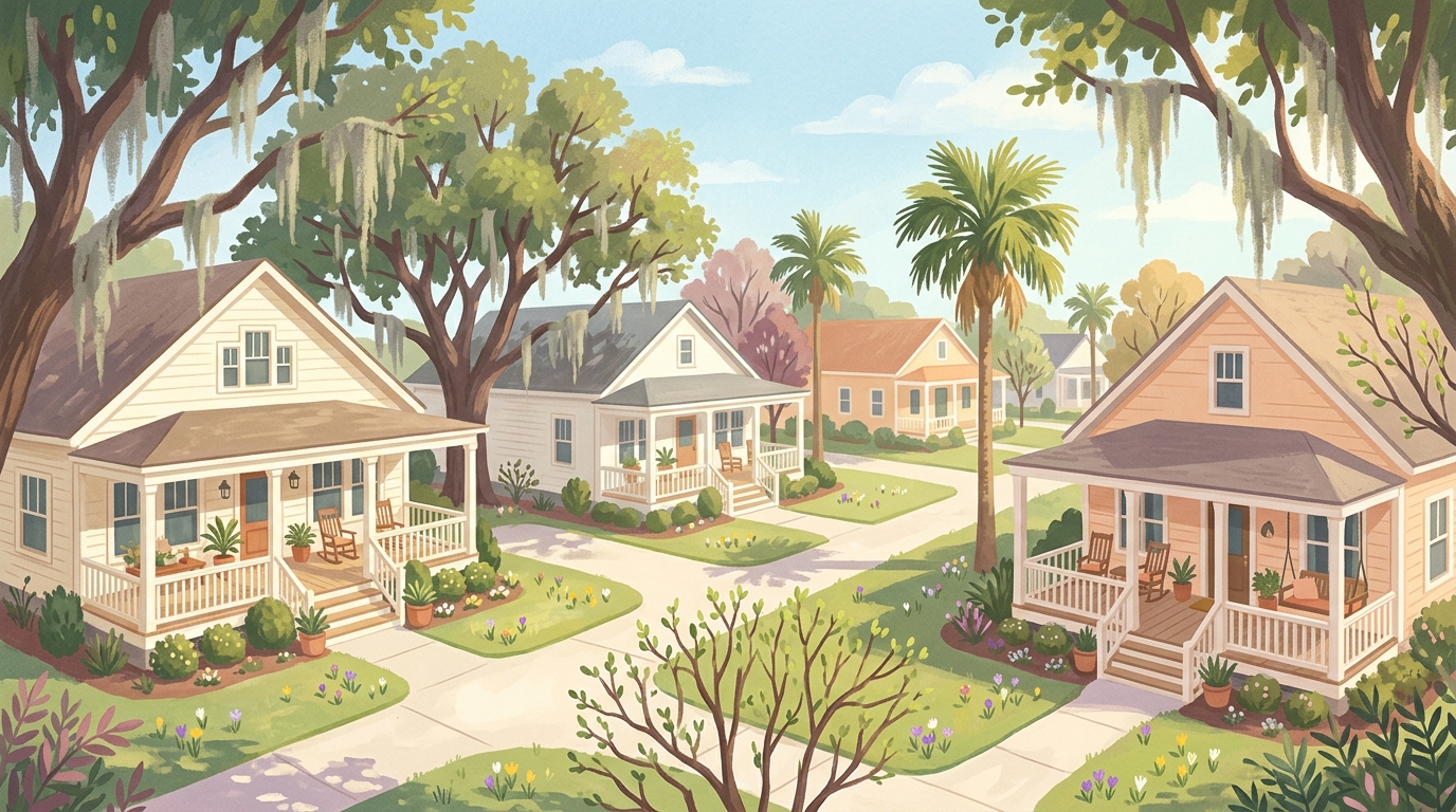 Illustration of bungalows with wide porches among palms and moss-hung live oaks in spring